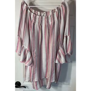Cato Pink Stripped Smocked Neckline Ruffled Bell 3/4 Sleeve Peasant Top P 22/24W